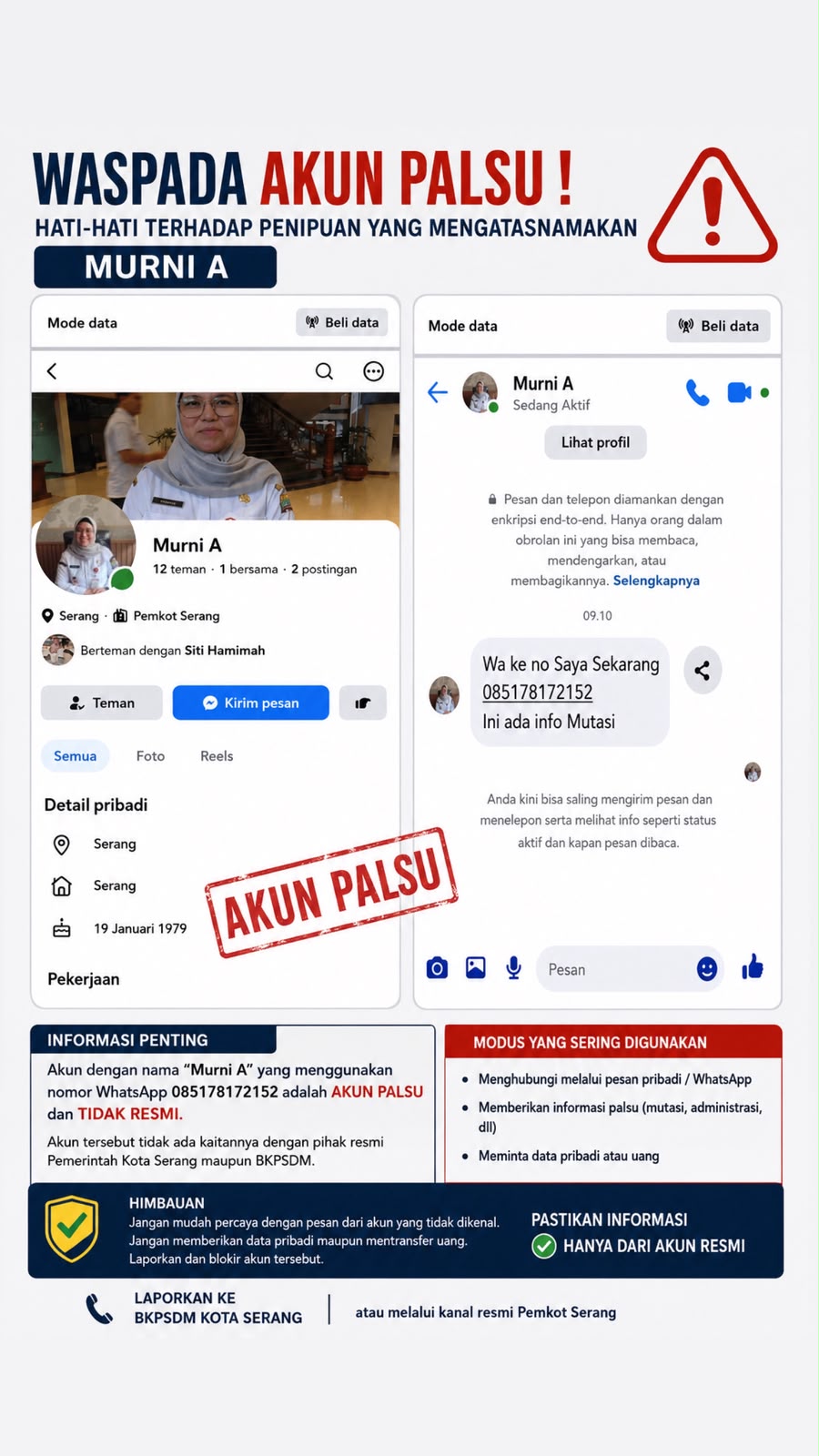 PENGUMUMAN  WASPADA AKUN FACEBOOK PALSU MENGATASNAMAKAN  " Dr. MURNI, S.Pd., M.Pd "